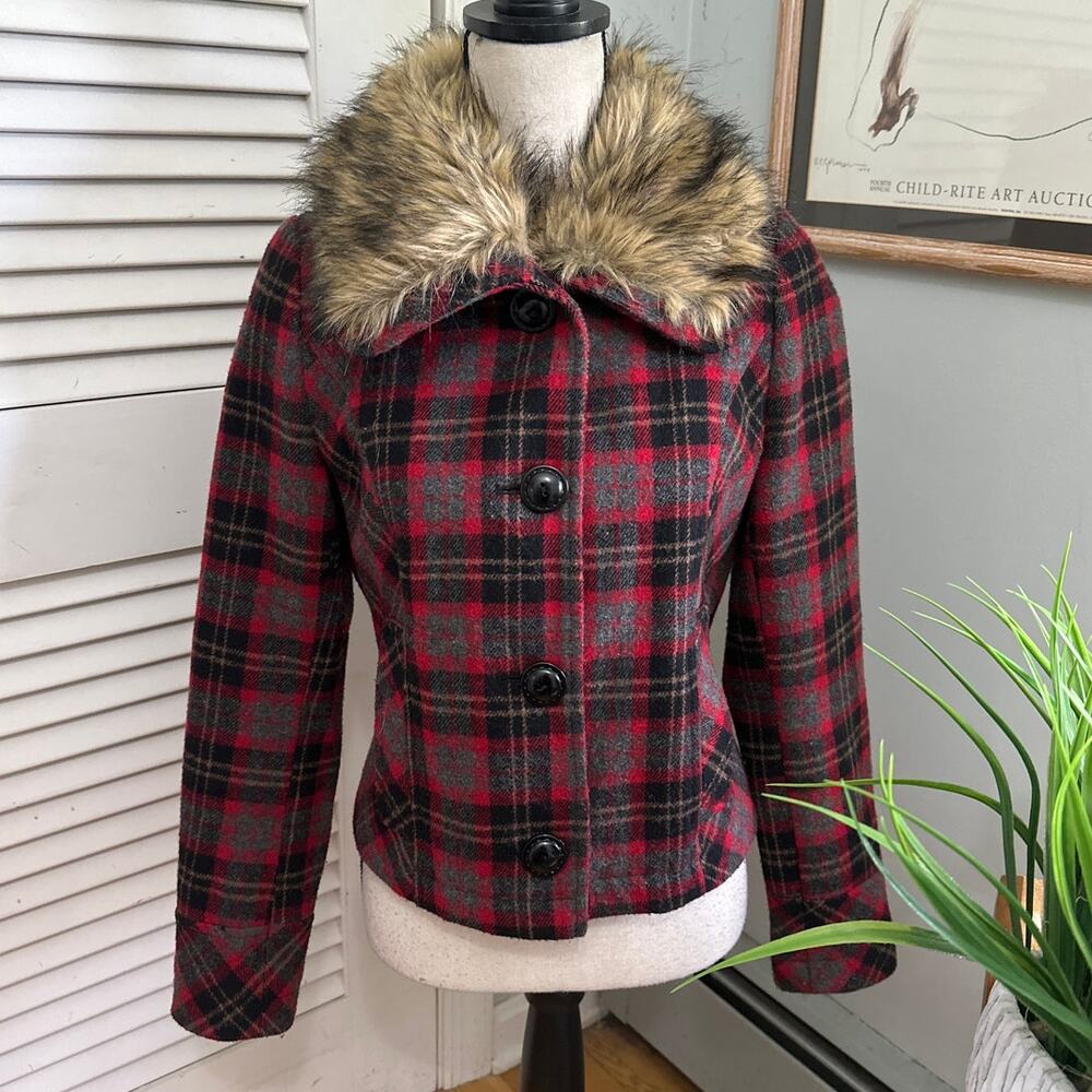 Heritage 1981 Jacket Womens Medium Red Tartan Plaid Faux Fur Trim Heritage Chic